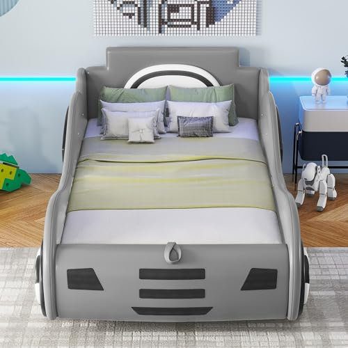 BNUZ Flachbett, 90 x 200 cm, Bett mit Lattenrost (ohne Matratze), Modell Autobett, Autobett, Kinderbett, Kinderbett mit Unterbettstauraum, Weiß