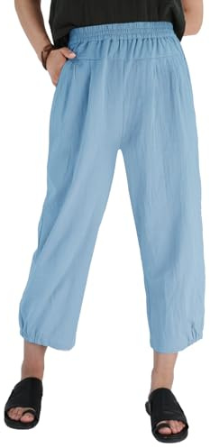 Les umes Dam bomull casual capribyxor elastisk midja sommarbyxor harembyxor med fickor, Ljusblå, 3XL