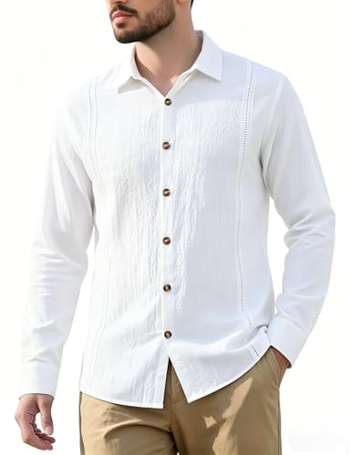 Volemo Mens Shirts Long Sleeve Cotton Linen Shirt Casual Holiday Beach Summer Tops White L