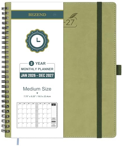 BEZEND Month to View Diary 2026-2027 Spiral 23.4 x 19.5 cm (Jan 26-Dec 27) | 2-Year Monthly Planner, Note Pages, 120 GSM Paper, Calendar Book with Tabs & Pockets, for Office Home. Softcover, Kiwi