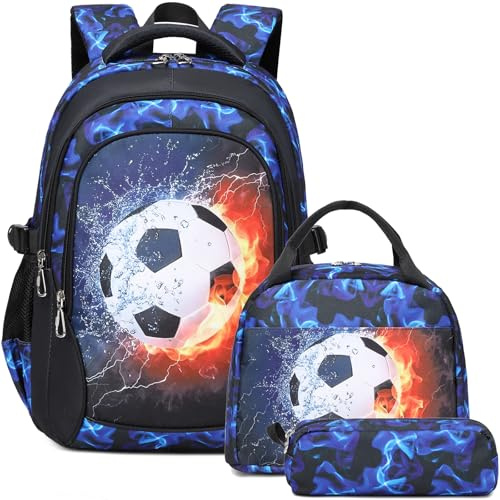 Kimwadalh Sac à Dos Football pour Garçons Sacs d'école Adolescents Grand 3 in 1 Set de Cartable Enfent pour l'école Cartables Primaire et Secondaire Sacs à Dos Scolaires