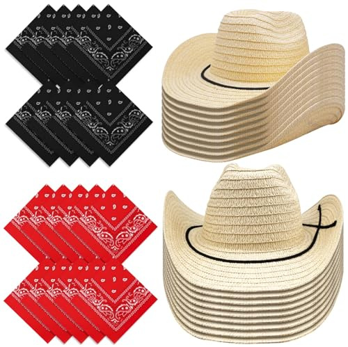 ASMIZ 18-teiliges Strohhut & Bandana Set im Western-Stil – Cowboy Hüte und Halstücher für Damen & Herren – Party Zubehör für Kostüm, Junggesellenabschied, Geburtstag, Sommer Strand Festival (Beige)