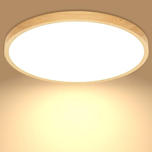 Deckenlampe Led Deckenleuchte Holzoptik Lampe, Flach Rund Badlampe Decke Ø30CM 24W 3000K 2400LM Warmweiss Wohnzimmer für Kinderzimmer Schlafzimmer Badzimmer Kinderzimmer Flur Bad Küche Keller Balkon