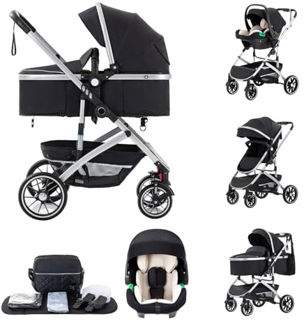 Kakbgee 3-in-1-Kinderwagen, Buggy mit Babyschale, Einhand-Klappfunktion | Kombi-Kinderwagen mit Moskitonetz, Stroller mit hoher Sitzposition für Neugeborene bis 4 Jahre, Schwarz