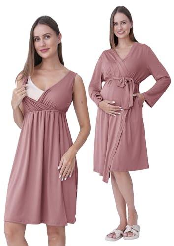 SUNNYBUY Camicia da notte premaman e allattamento con vestaglia, 2 pezzi, 3 in 1, per nascita, settimanale e allattamento, biancheria da notte ospedale, rosa antico, XL