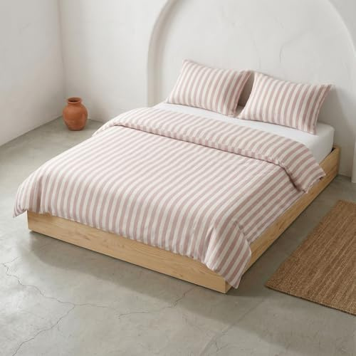Juego Funda nórdica Cama 135/140 100% algodón - 2 Fundas Almohada 45x75 cm, Estampado Rayas Color Rosa