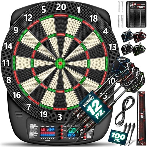 RE:SPORT® Bersaglio elettronico per freccette, set professionale con 12 freccette + 24 ali Pro + 100 punte per freccette e accessori | E Dartautomat per 1–8 giocatori con 427 varianti | Bersaglio