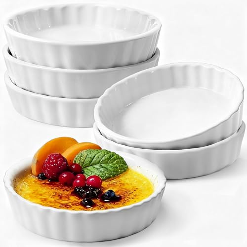 Enjamyo Creme Brulee Ramekins Set of 6, 5oz Porcelain Ramekins Oven Safe, Round Fluted Quiche Dishes, Ceramic Baking Dishes, Shallow Creme Brulee Ramekin for Baking, Souffle, Apple Pie(White)