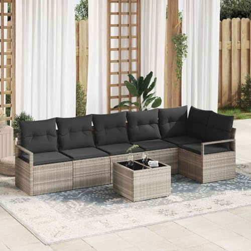 Tonture Garten Loungeset Poly-Rattan Hellgrau, 7-teiliges Sofa Set mit Kissen, Stauraum, UV-beständig, wetterfest für Terrasse, Balkon, Außenbereich