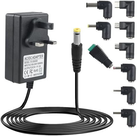5V 3A Power Supply Adapter with 8 Tips,AC 100-240V to DC 5V Charger Cord for 3A 2.5A 2A 1.5A 1A 0.5A Baby Monitor Record Player TV Box LED Strip Lights Bluetooth Speaker Router Massage Gun