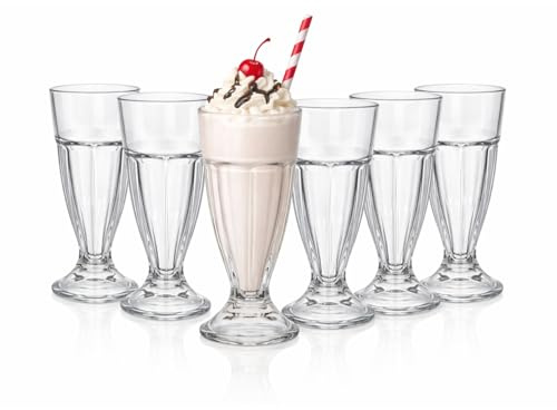 UNIQUE HOME LIVING Ice Cream Sundae Glasses Set of 6, Tall 300ml Knickerbocker Glory Dessert Cups, Milkshakes Soda Fountain Glass Dessert Glasses with Footed Base, Ice Cream Bowls Glassware, 10oz