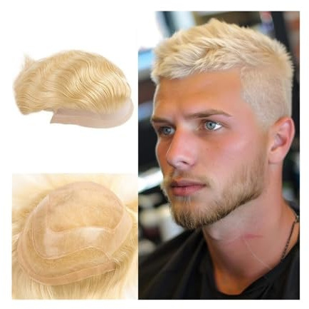 Peluca de hombre Peluca de peluquín con encaje frontal for hombre, color rubio, n.° 613, monofilamento NPU alrededor la prótesis capilar masculina Tupé para hombre
