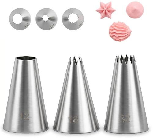 3 Pieces #12#18#32 Cake Piping Tip Set Open Star Icing Tip | Seamless Icing Tips Stainless Steel Cupcake Piping Tips for Frosting Macarons Dessert Cake Decorations