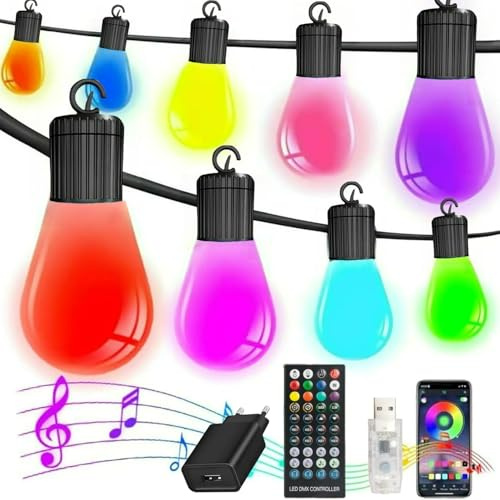 Guirlande lumineuse LED d'extérieur de 15 m, étanche IP65, multicolore, 20 ampoules RVB S14, application intelligente et télécommande contrôlée, pour terrasse, arrière-cour, fête, mariage, jardin