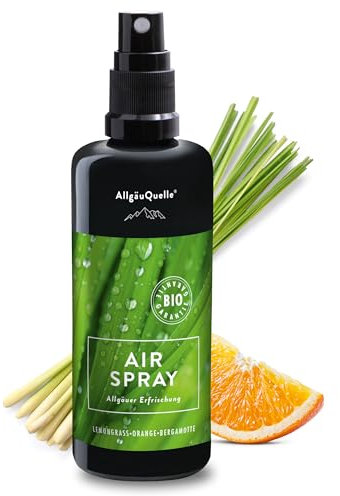 AllgäuQuelle® BIO-Airspray - Vergleichs-Sieger 2022 - mit 100% Bio-Öle Allgäuer Erfrischung Lemongrass Orange Bergamotte (100ml). Natürlicher BIO-Raumduft m. ätherische Öle. BIO-Raumspray naturrein.