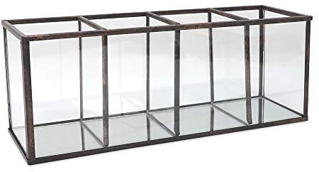 Isaac Jacobs 4-Compartment Organizer- Makeup Brush Holder- Vintage Style Brass and Glass Storage Solution with Mirror Base- Office, Bathroom, Kitchen Supplies and More (Antique Bronze)
