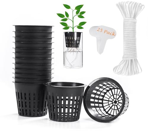 ORIMERC 25 Pack 3 inch Net Cup Pot with 25 feet Hydroponic Self Watering Wick & 25 Pcs Plant Label Aquaponics Mason Jar Insert Orchid Rimmed Netted Baskets Slotted Mesh Garden kratky Growing Vegetable