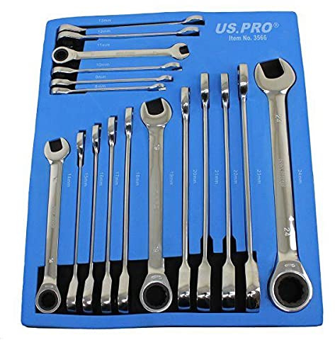 US PRO Tools 3566 - Juego de 17 llaves de trinquete métricas de 8 mm a 24 mm, bandeja de espuma EVA