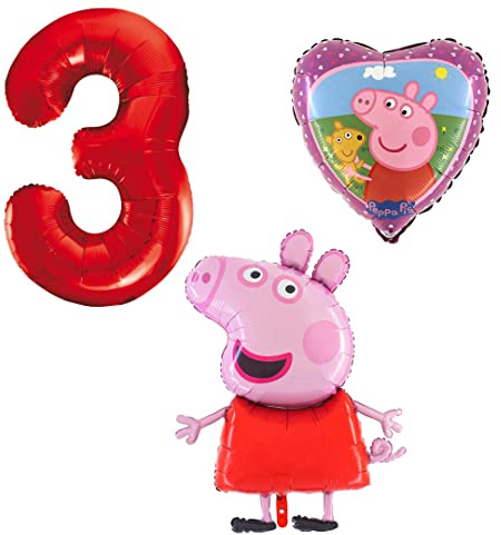 Ballonset Peppa Wutz Pig 3 er Set Peppa Folienballon, Zahl 3 in rot, Peppa mit Teddy Herz