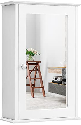 Multigot Bathroom Mirror Cabinet (White) | Wall-Mounted Wooden Storage Cabinet with Adjustable Shelf and Handle, Singe Door Display Organiser Shelving Unit