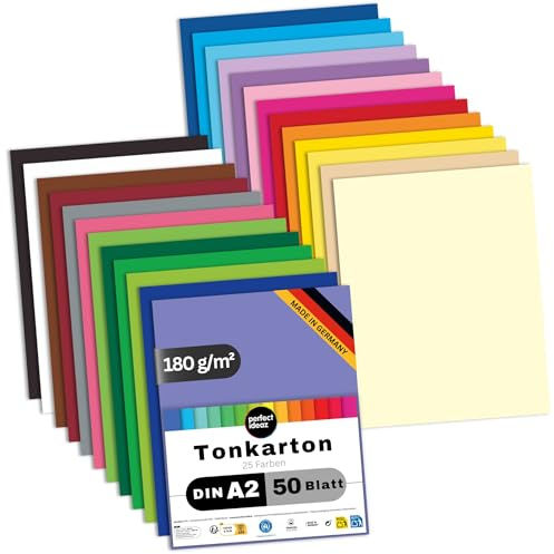 perfect ideaz - Tonkarton DIN-A2-50 Blatt Bastelkarton - 180 g/m² in 25 verschiedenen Farben je 2 Blatt - Blauer Engel zertifiziert, Made in Germany