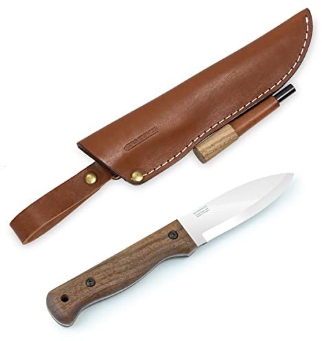 BPSKNIVES B1 CSHF - Cuchillo de Hoja Fija para Bushcraft con Funda de Cuero y Varilla de Ferrocerio - Cuchillo de Camping de Acero al Carbono y Mango Completo Hecho a Mano