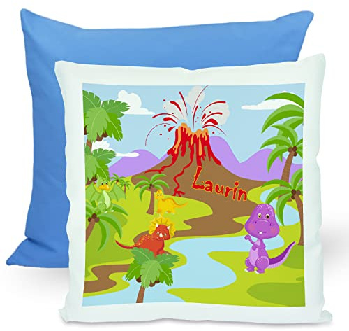 CreaDesign, Kinder Kissen 40x40 cm personalisiert mit Namen, Kinderzimmer Deko Kissen Kinder mit Füllung Federn, Motiv Dino, Rückenfarbe Blau