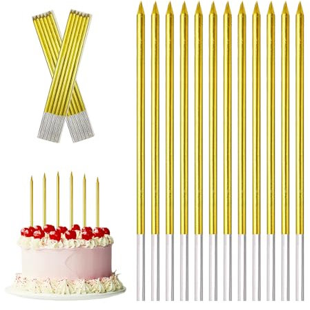 Metallische Kuchenkerzen Gold, 12er Pack - Lange, Dünne Cupcake Kerzen für Dekorative Geburtstage & Partys
