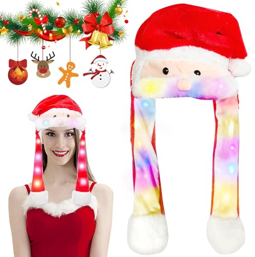Weihnachtsmütze, Mütze mit Ohren, Weihnachtsmann Mützen, Nikolausmütze Plüsch, Mütze mit LED Lustiger Hut Kappe mit Beweglichen Ohren Kopfbedeckung,Wackelohr Mütze für Weihnachts Party Geburtstage (C)