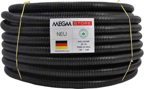 Megastore Flexibles Leerrohr Wellrohr mit Zugdraht 750N Schwarz | Klassifizierung M16 M20 M25 M32 M40 M50 Kabelschutz Schutz Rohr ungeschlitzt Außenbereich (M25-50m mit Zugdraht)