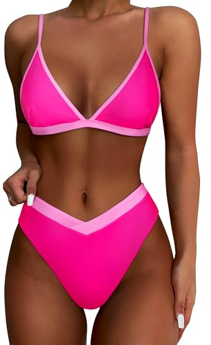 SUUKSESS Women Triangle High Cut Bikini Sets Sexy High Waisted Color Block Two Piece Swimsuits Push Up Bathing Suits(Pink Color Block,M)