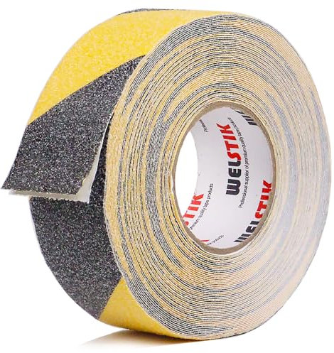 WELSTIK Cinta adhesiva antideslizante, 50 mm x 20 m, cinta adhesiva antideslizante para escalones antideslizantes en interiores y exteriores, color negro y amarillo