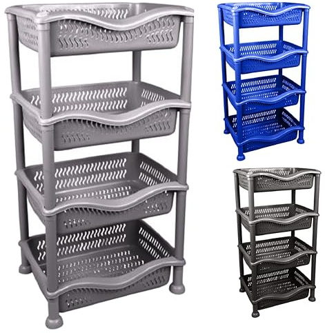 A406 Large 4 Tier Fruit & Veg Rack - Strong Plastic Kitchen & Garage Storage - Stackable Baskets (Gray)