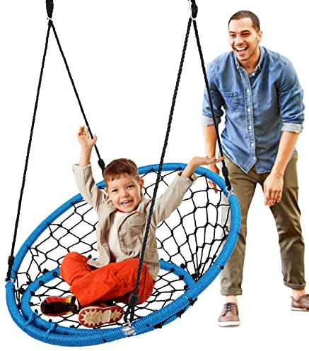 Serenelife Hanging Netted Seat Swing - 35.5 Diameter Kids Indoor Outdoor Round Circle Saucer for Trees or Sets - All-Season UV Resistant Rope Net Seat