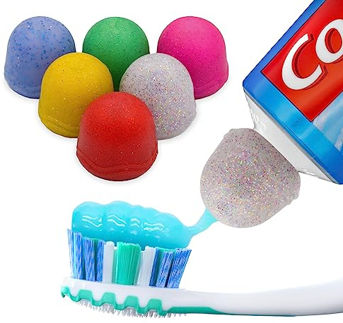 Toothpaste Caps 6 Pack, SqueezMe by Chrome Cherry, Self-Closing, Silicone Caps, Mess-Free Toothpaste Dispenser Squeezer Lids for Kids, Adults, Bathroom Accessories for Tooth and Gum Health (Glitter)