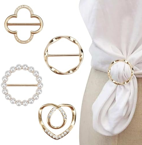 TWSURE 4PCS Scarf Ring Clip - T-shirt Ties Clips Clothes Corner Knotted Button for Women Fashion Metal Round Circle Shirt Clip Buckle Clothing Ring Wrap Holder Loose Tshirt Clothes Scarf Buckle(Gold)