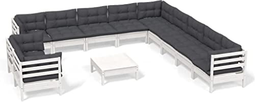 WEMYUFURN 12-TLG. Garten-Lounge-Set mit Kissen Weiß Massivholz Kiefer, Outdoor-Sitzgruppe, Terrassen-Lounge-Set, Garten-Couchgarnitur - Wetterbeständig, Komfortabel - für Terrasse, Garten und Balkon