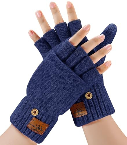 CHENMEI Fingerlose Handschuhe Herren und Damen - Halbfingerhandschuhe mit Kappe,Winter Flip Handschuhe mit Berührung,Fäustlinge mit Alpakawolle,Winterhandschuhe für Damen Herren