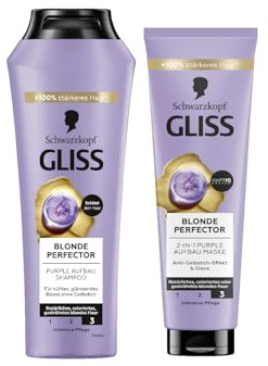 Gliss Blonde Perfector Purple Shampoo (250 ml), champú rubio con efecto anti-amarillento y Blonde Perfector 2 en 1 Purple Construction Mascarilla (150 ml), tratamiento para el cabello para brillo y