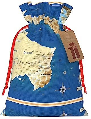 HJLUUFT Jutebeutel mit Griechenlandkarten-Druck, Weihnachtsgeschenktüte mit Kordelzug und Geschenkanhänger, Hochzeit, Weihnachten, Partygeschenk