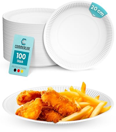 Commerline Lot de 100 Assiettes Rondes en Papier | Diamètre 20 cm | Assiettes Jetables en Carton | Pour Gâteaux Fêtes Collations | Vaisselle Jetable pour Repas
