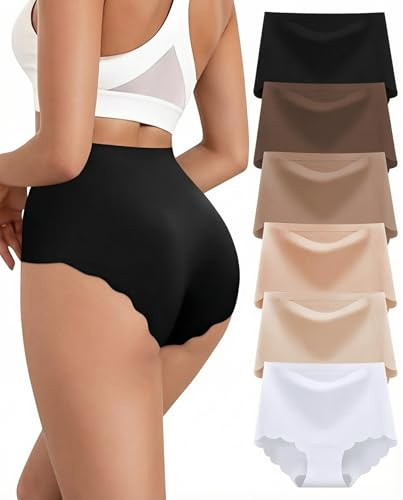 Cevapro Seamless knickers for Women High Waisted No Show Underwear Ladies Wave Edge Full Coverage Briefs Soft Stretchy Multipack Pants 6 Pack