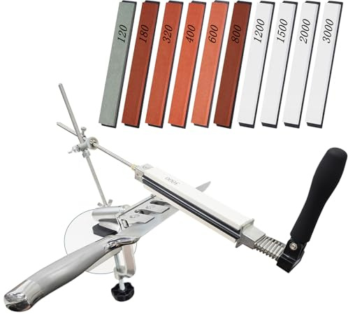Messerschärfer Profi mit 10 Schleifstein, Professioneller Messerschärfer, 120-3000 Körnung für Küchenmesser, Einstellbarem Winkel Messerschärfsystem Kit Schleifmittel-Haltesystem