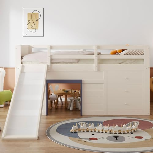 Easexcy Letto a soppalco basso 140 x 200 cm, con scivolo, tre cassetti e due ante (140 x 200 cm)