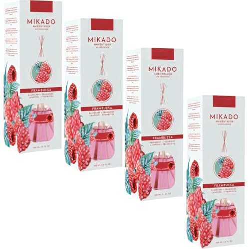 Pack de 4 Ambientadores Mikado 100 ml -Frambuesa-Aroma floral y envolvente para tu hogar.