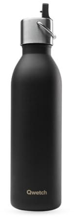 QWETCH - Bouteille Isotherme Active Noir 600ml - Gourde avec Bouchon Sport - 24h Froid et 12h Chaud - Etanche & Compacte