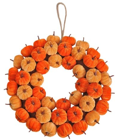 AlluraPet Fall Harvest Wreath for Front Door Autumn Decoration Halloween Window 16x16 Inch Orange Yellow Pumpkin Seasonal Decor