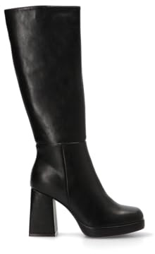 Etika Botas Altas de Tacón para Mujer, Bota de Caña Alta (39cm) con Tacón Ancho de 9cm y Cierre de Cremallera, Piel Sintética, Modelo 42414 Negro - 37