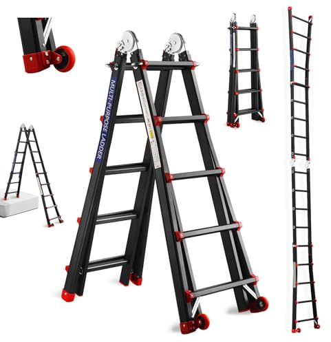 TEENO Échelle Pliable Multifonction 5.1 M, Escabeau Telescopique 5 en 1, Haute Performance, 5x5 Marches, Stable jusqu'à 150kg, 2 Roues Amovibles, Noir
