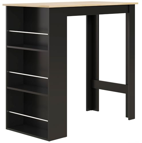 HOMCOM Mesa Alta de Bar con 3 Estantes Laterales 112x57x106cm Negro Natural